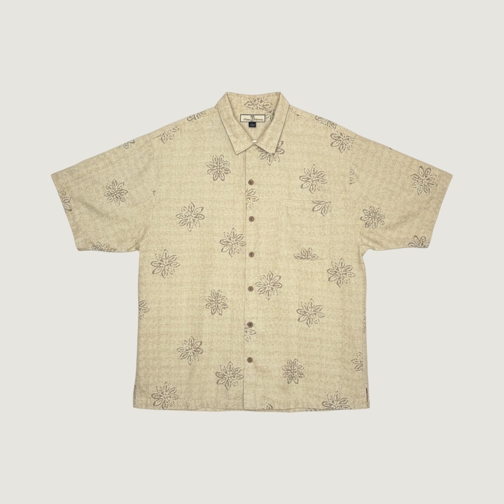 Tommy Bahama Silk Button Down Mens XL Beige Excellent Floral Textured Camp Shirt